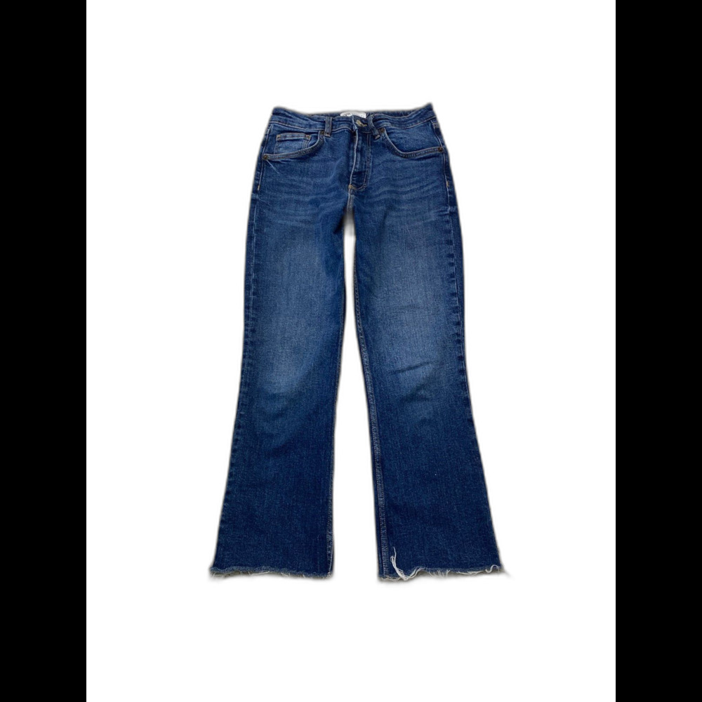 Zara High-Rise 90s Crop Flare Denim Stretch Jeans Size 6 Raw Hem Dark Wash